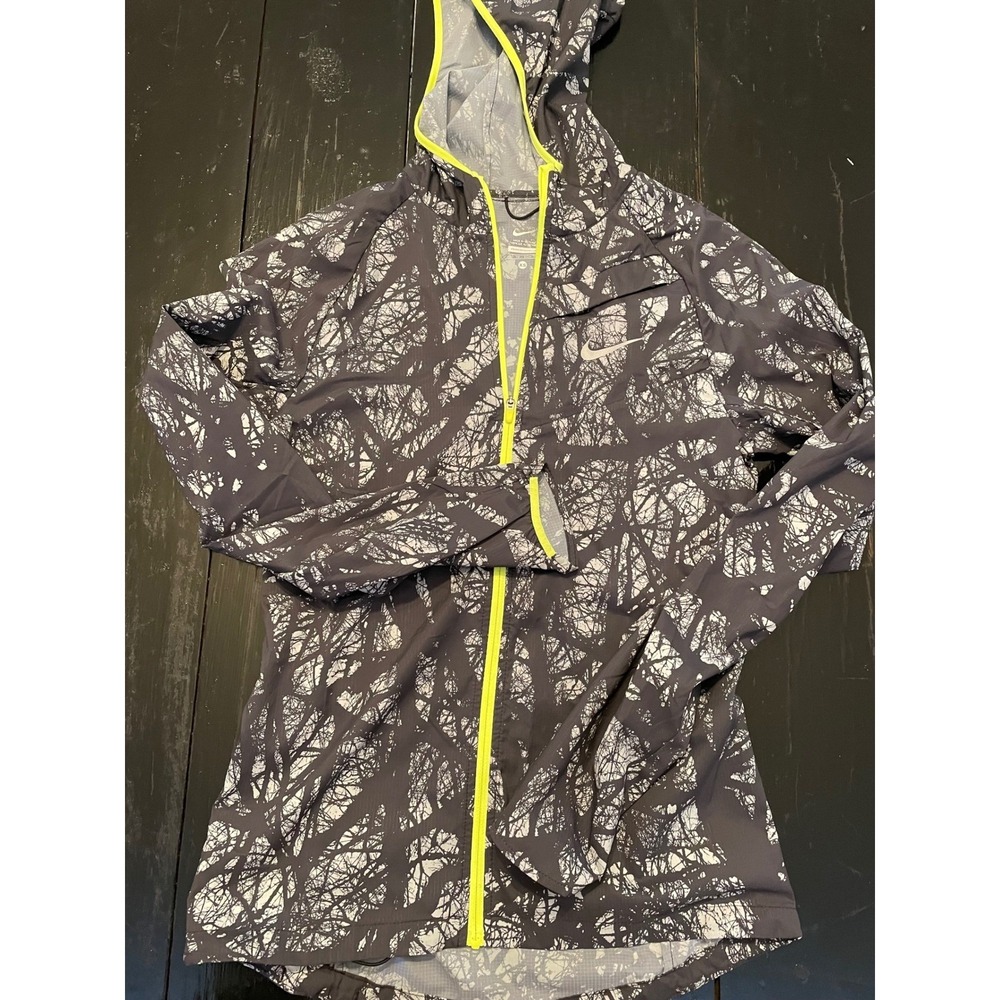 Nike Women Running Jacket Hooded Lightweight Abstract Tree Print Neon Accent XS
